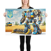 Ukrainian Transformer poster with bold colors, featuring glossy and matte finishes, held by woman in front of a wheat field background.