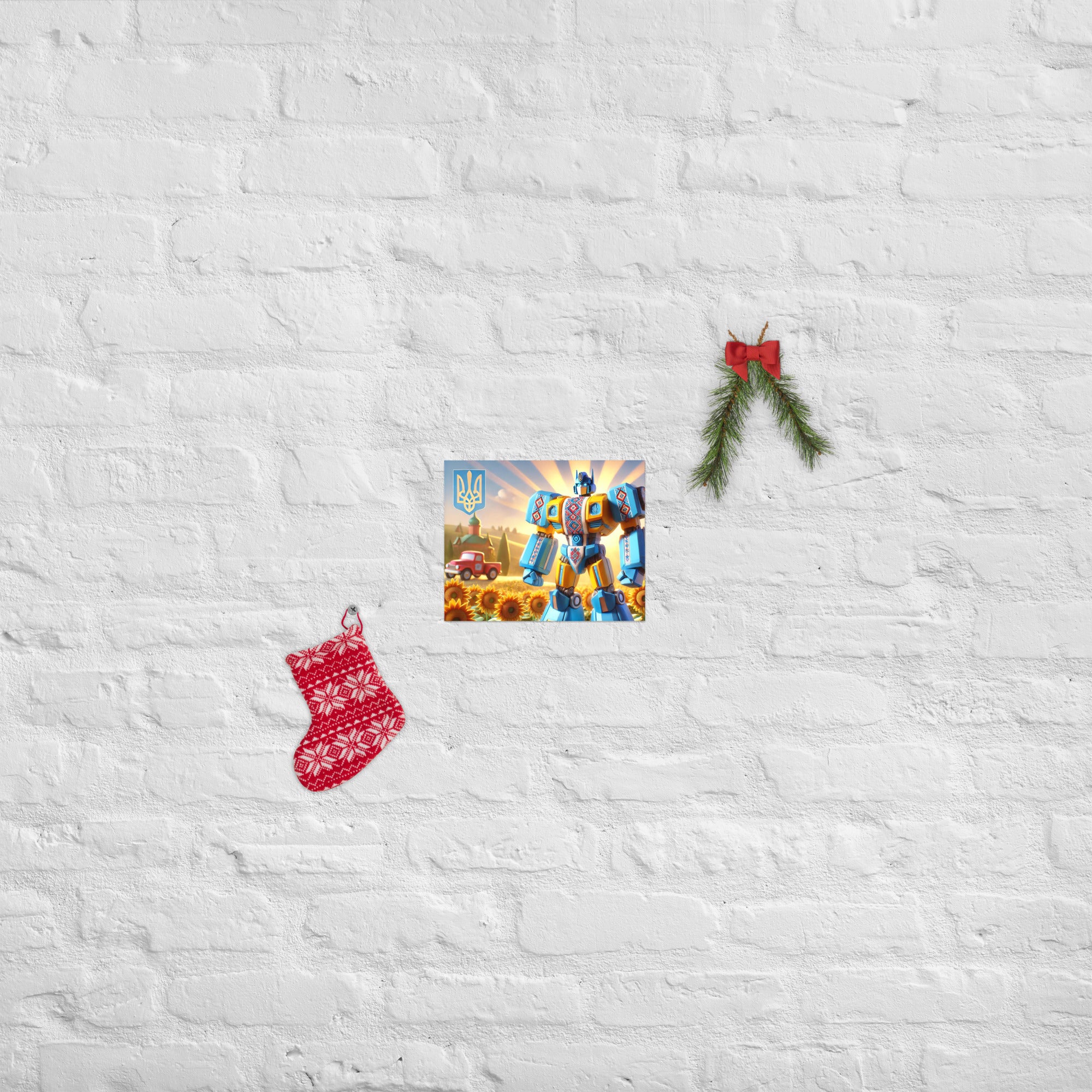 Ukrainian Transformer poster on white brick wall with holiday decor, featuring a vibrant robot design and glossy finish.