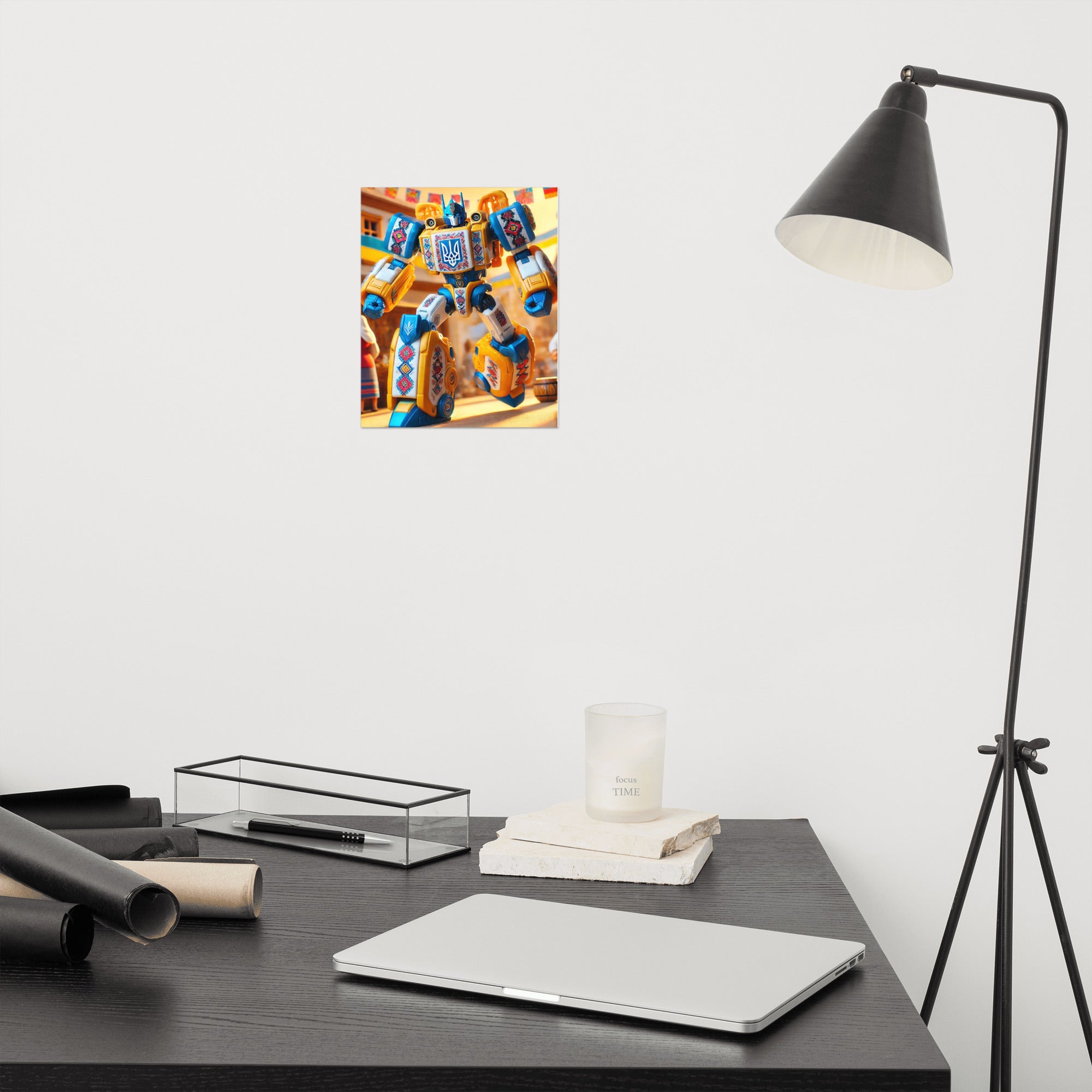 Ukrainian Transformer poster on office wall, adding bold design and sophistication to workspace décor.