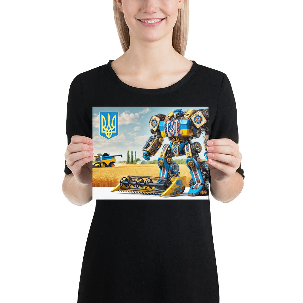 Woman holding Ukrainian Transformer poster with bold design and cultural theme, featuring a blend of glossy and matte finishes.