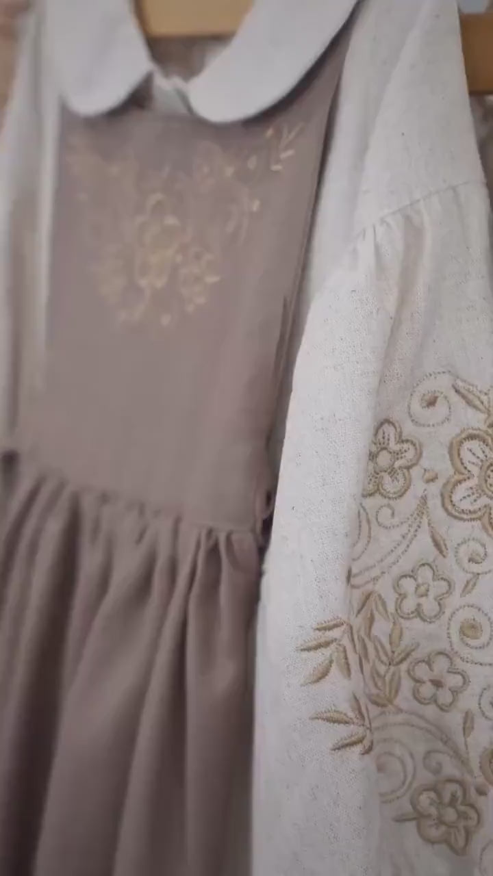 Linen embroidered dress for girls with Ukrainian folk motifs and Slavic ethnic style, made in Ukraine.