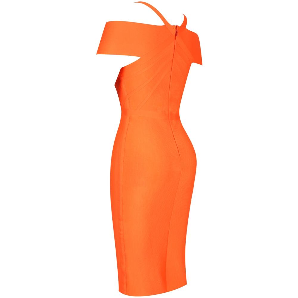Bright orange off-shoulder bandage dress with V-neck and mid-calf hem, showcasing sleek body-hugging design and elegant shoulder frame.