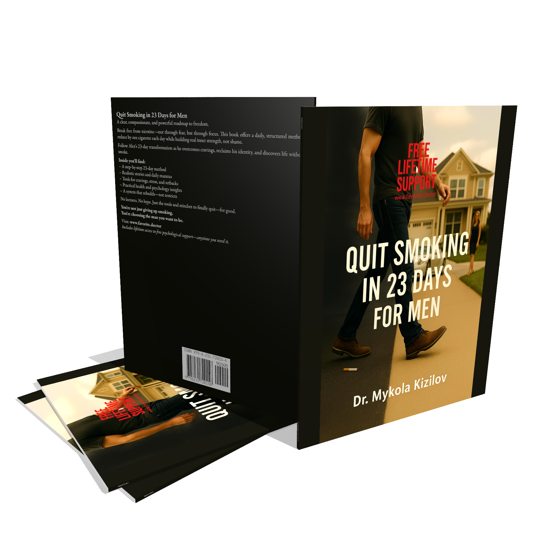 "Quit Smoking in 23 Days for Men" book cover showing a structured program for quitting smoking, featuring a person standing outside.