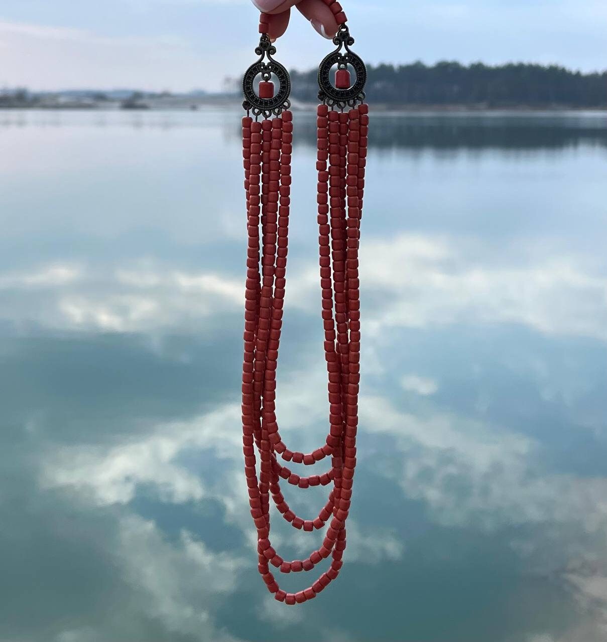 Red ceramic beaded necklace, Scythian-inspired Ukrainian ethnic jewelry, handmade traditional accessory, ideal with Vyshyvanka.