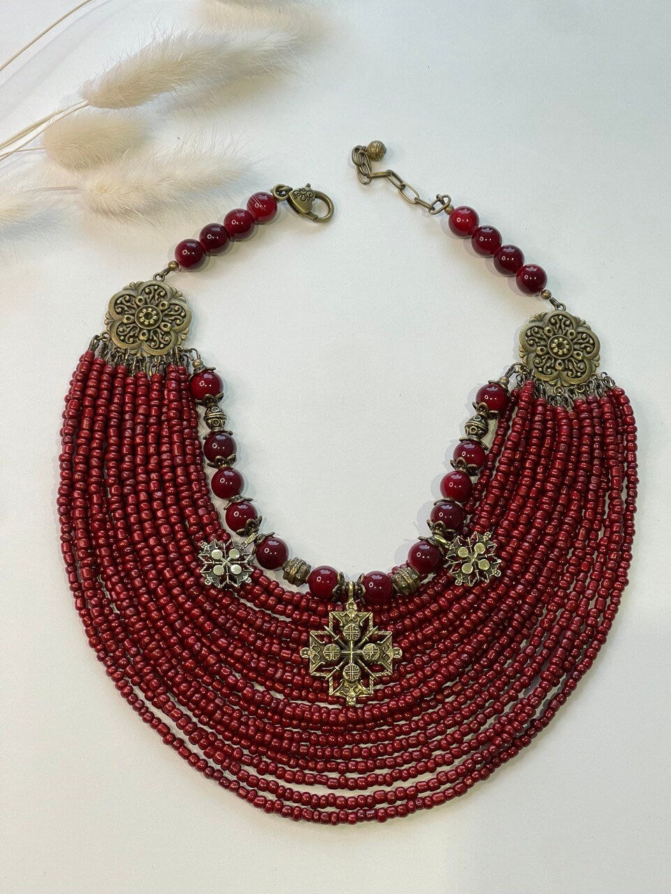 2025 Red Ukrainian Necklace with glass beads and bronze charms, traditional ethnic jewelry for women, perfect gift choice.