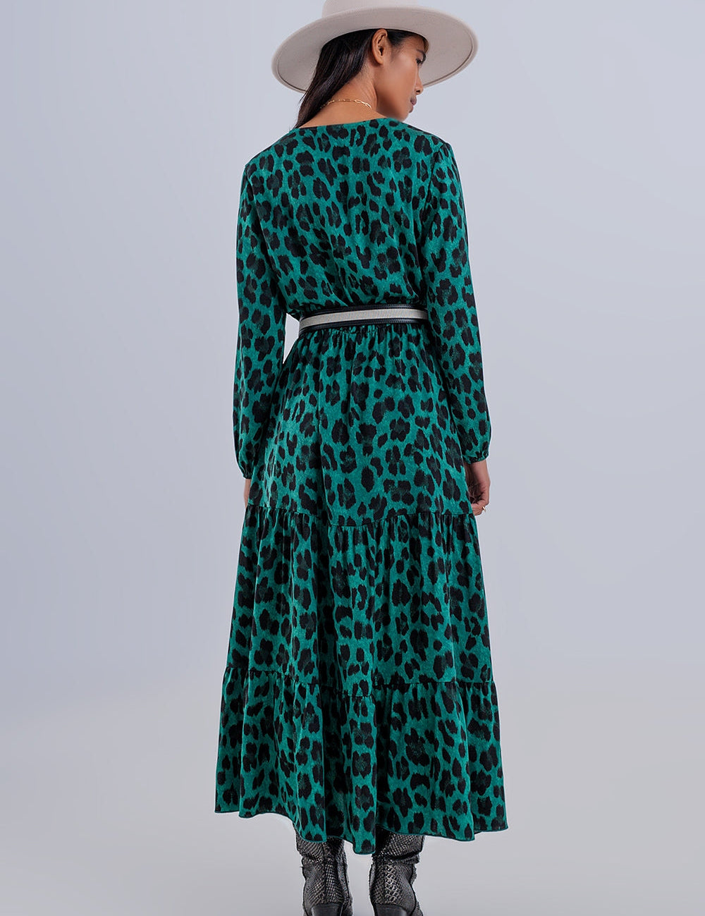 Savanna Tiered Wrap Maxi Dress in vibrant green animal print, featuring long sleeves and V-neckline, bohemian charm meets modern elegance