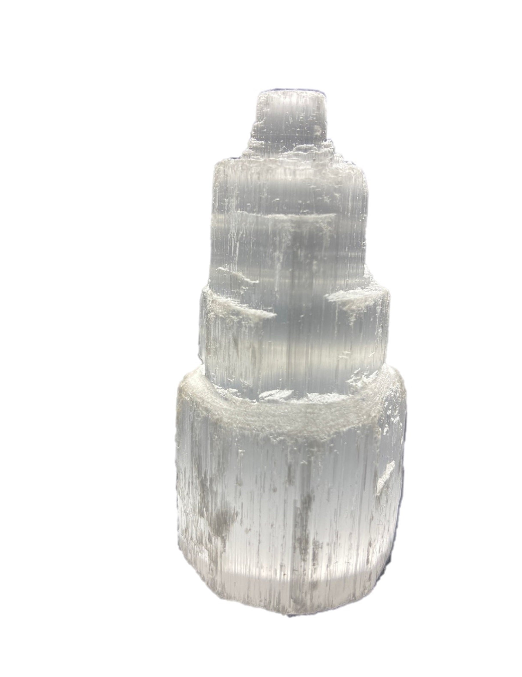 Lunethera Cleansing Crystal Tower, 4-inch hand-carved selenite for meditation, energy clearing, and protection. Translucent and radiant design.