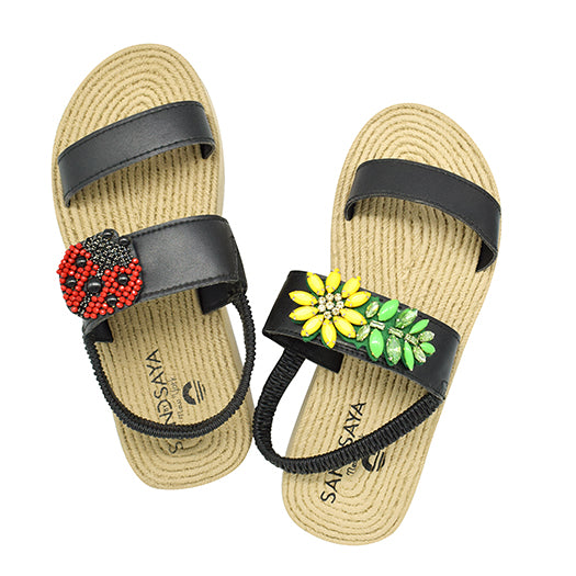 Serenella Ladybug Daisy Wedge Sandals with vegan leather, floral motifs, espadrille sole, 2-inch heel, ready for summer fashion.