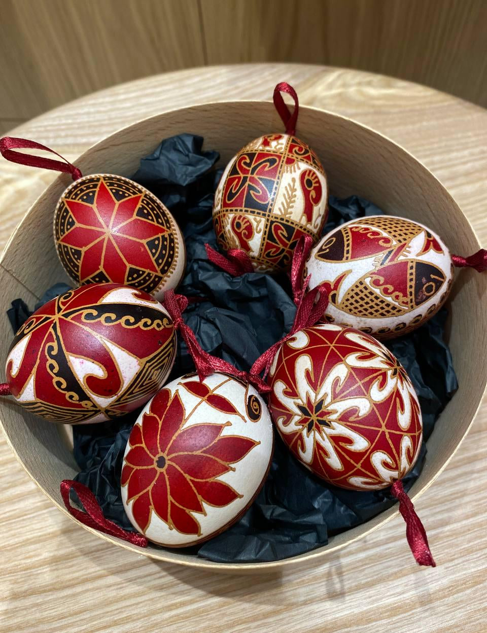 Handmade Ukrainian Pysanky set of 6, real chicken eggs, traditional Easter folk art with intricate designs, perfect Christmas gift.