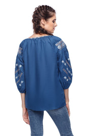 Sky blue linen embroidered blouse, Ukrainian Vyshyvanka, ethnic style for women, back view