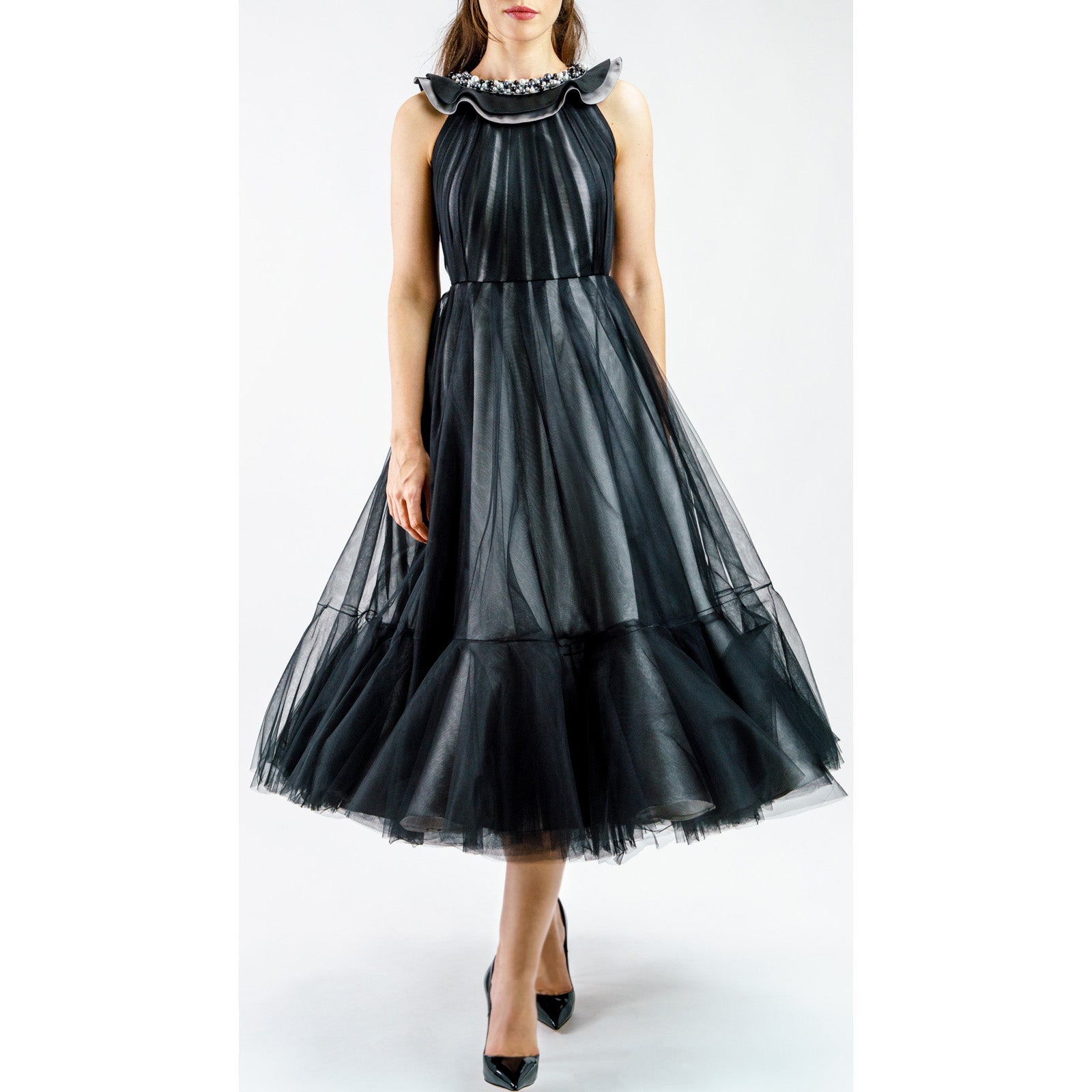 Melanira Pearl Tulle Midi Dress with French mikado and hand-embellished pearl collar, featuring a voluminous black tulle skirt.