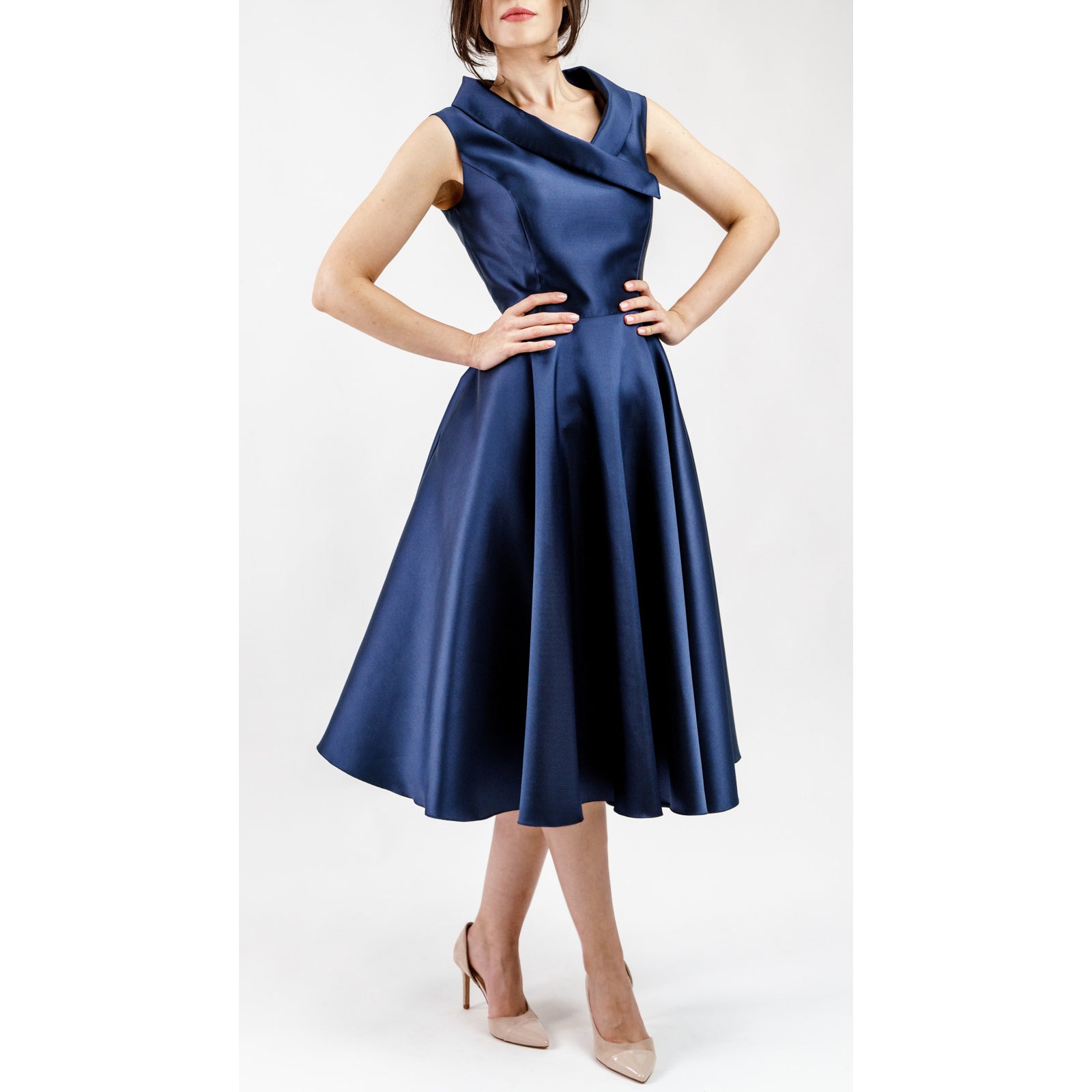 Leonelle Mikado Asymmetric Collar Dress in pearlescent fabric, featuring a sculptural silhouette, perfect for day or evening wear.