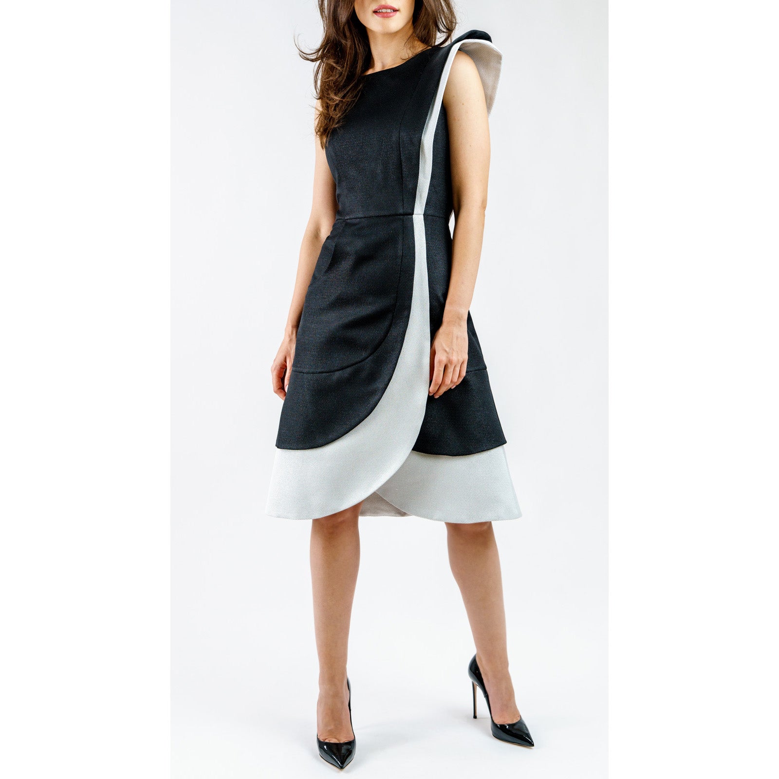 Woman wearing Arlessa Sculpted Asymmetric Dress, black and white, single-shoulder, French jacquard, fitted waist, elegant design