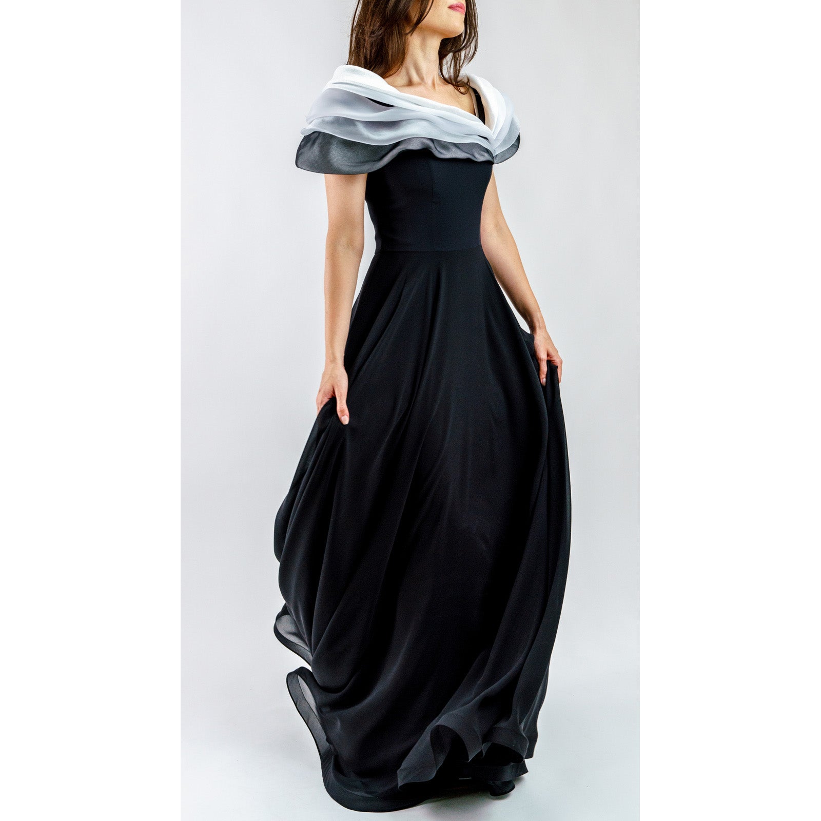 Dramissa Sculpted Collar Silk Gown in black with voluminous gradient collar, fitted bodice, and flowing skirt.