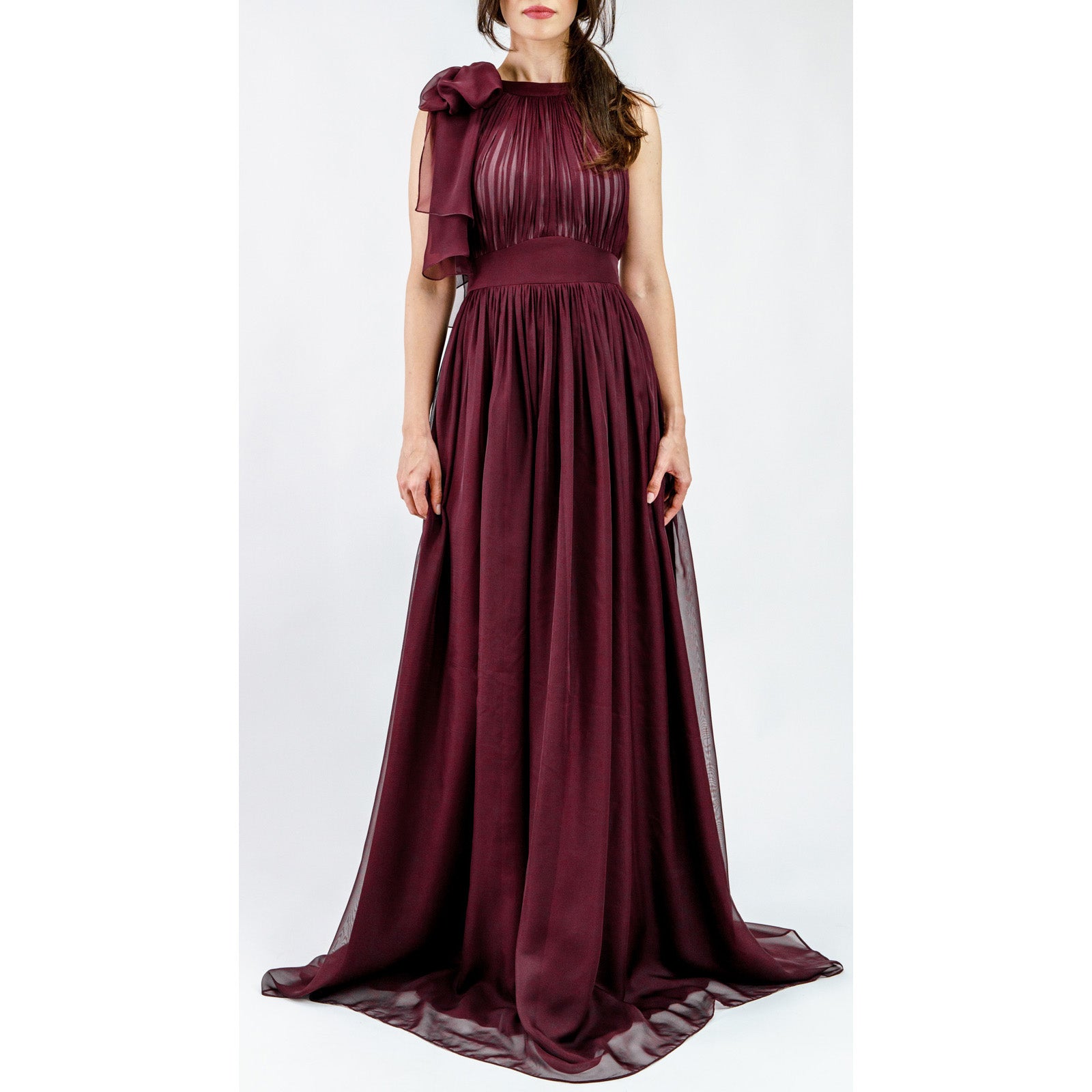 Bordea Elira Pleated High-Neck Gown in burgundy-pink chiffon with detachable bow, featuring hand-pleated bodice and elegant silhouette.