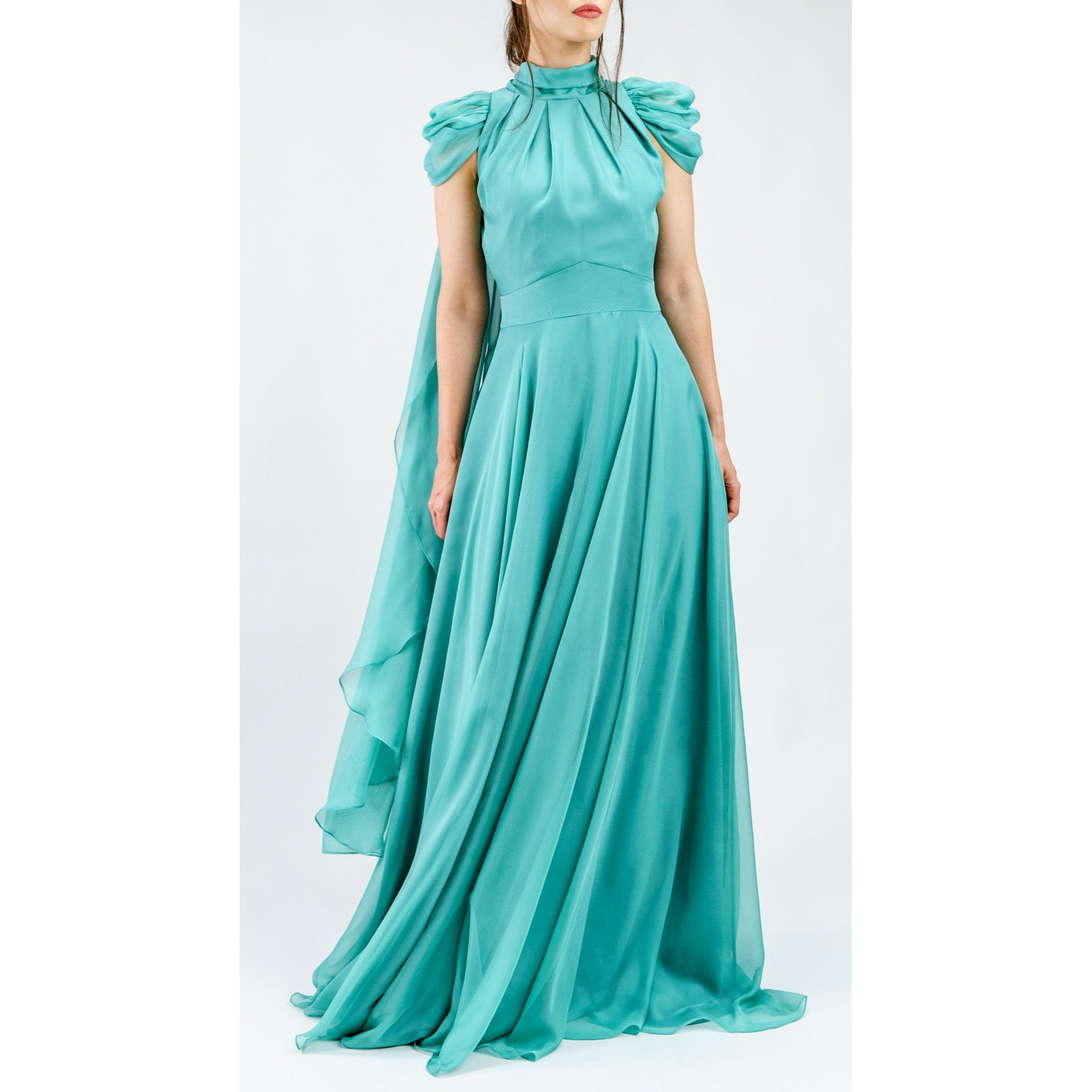 Aurelesse Turquoise Convertible Gown in Italian satin, showcasing elegant drape and versatile sleeves for modern royalty.