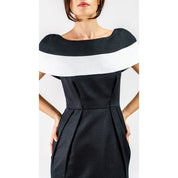 Marcelline contrast-collar midi dress with French jacquard fabric, featuring a black-and-white neckline, highlighting vintage and modern style.
