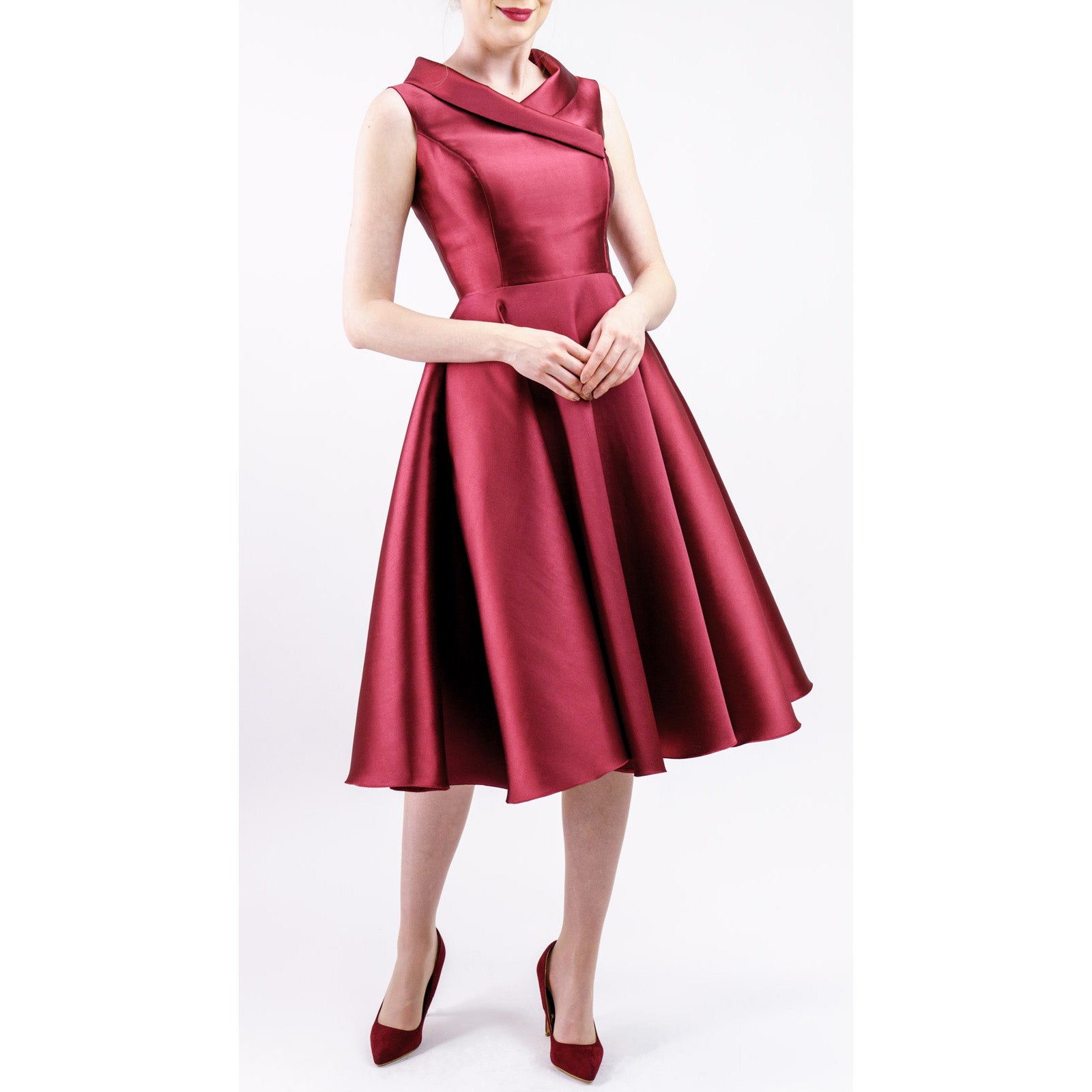 Leonelle Mikado Asymmetric Collar Dress in pearlescent fabric with vintage-inspired silhouette, ideal for day and evening wear.