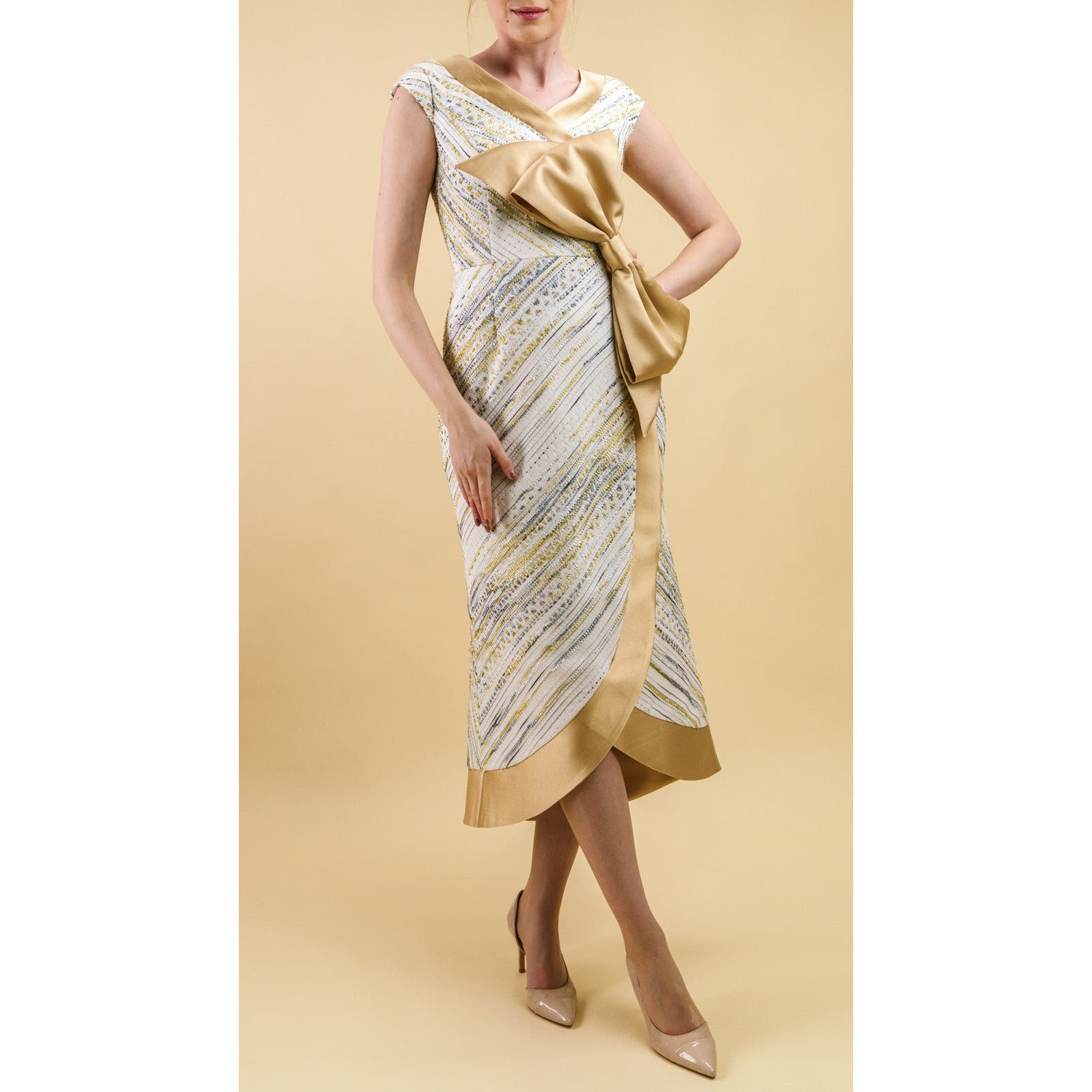 Celestienne Metallic Jacquard Cocktail Dress with V-neck, gold accents, and detachable bow, featuring a butterfly-inspired design.