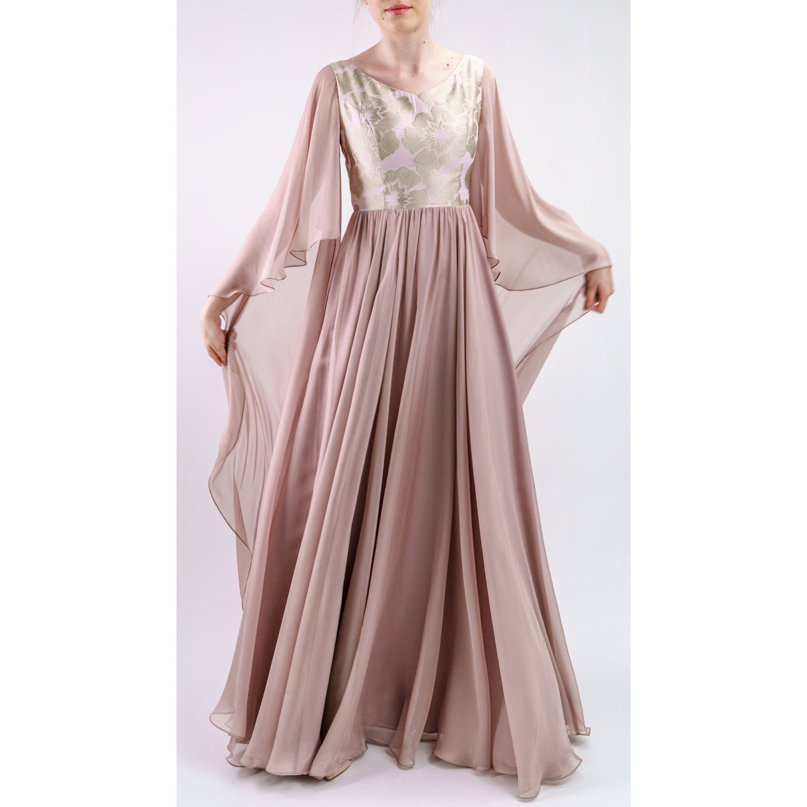 Elisara Blush Embroidered Evening Gown with flowing sleeves, featuring a plunging V-neckline and silk floral details.