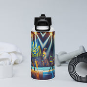 Steel water bottle with Ukrainian basketball emblem and sports equipment background.