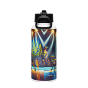 Steel water bottle featuring Ukrainian basketball emblem and player, double-walled for insulation, 32 oz capacity, foldable straw.