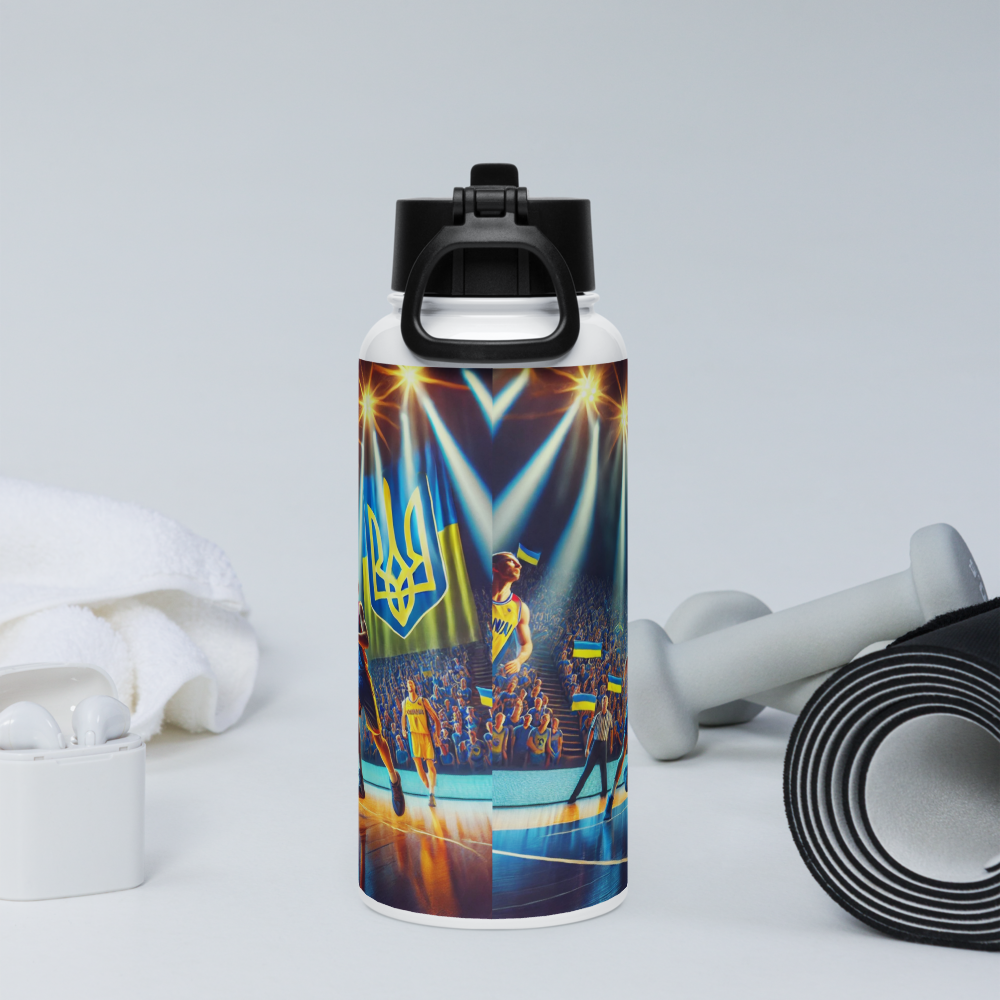 Steel water bottle with Ukrainian basketball emblem, double-walled stainless steel, vacuum insulation, 32 oz, sports accessories.