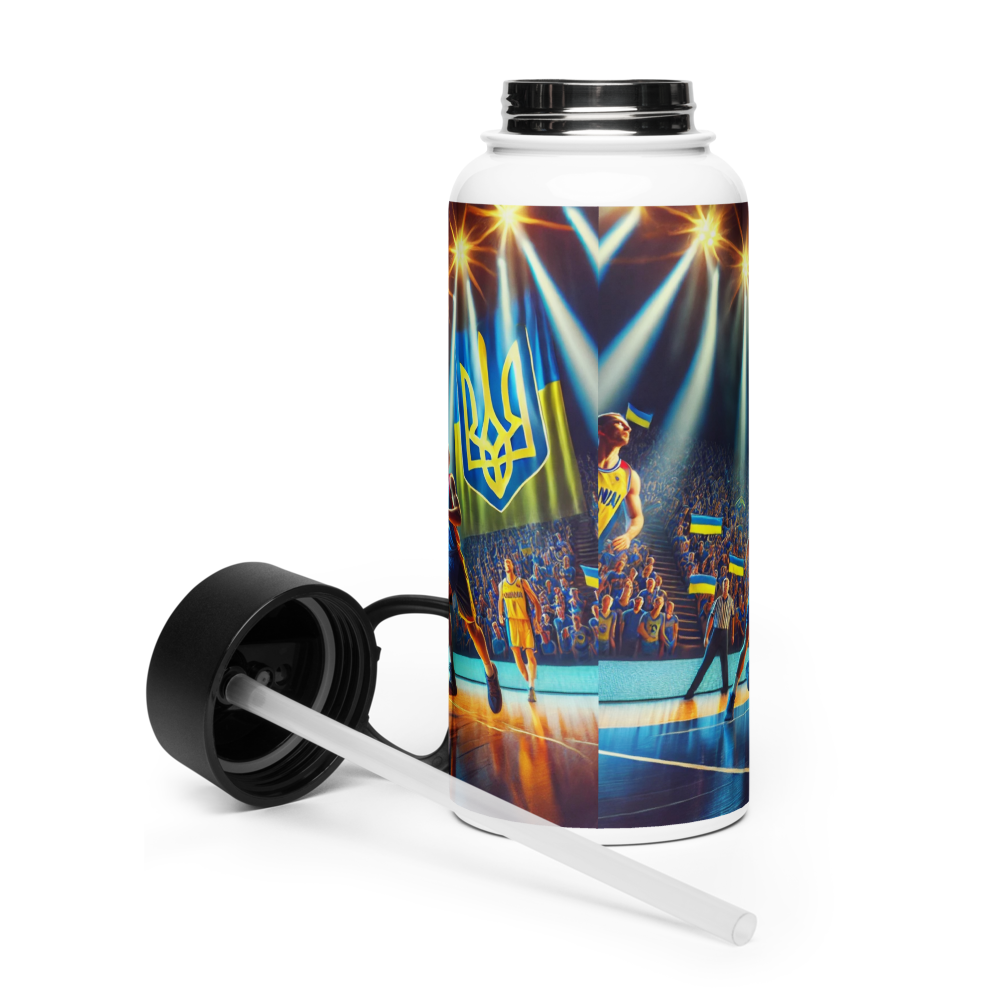 Steel water bottle with Ukrainian basketball emblem, featuring a foldable straw lid, designed for temperature control and hydration.