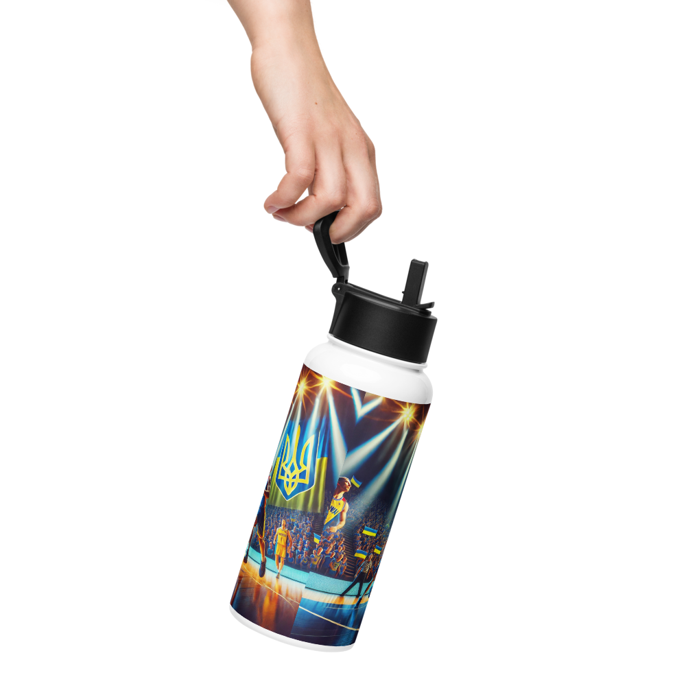 Person holding a 32 oz steel water bottle with Ukrainian basketball emblem and foldable straw design.