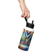 Person holding a 32 oz steel water bottle with Ukrainian basketball emblem and foldable straw design.