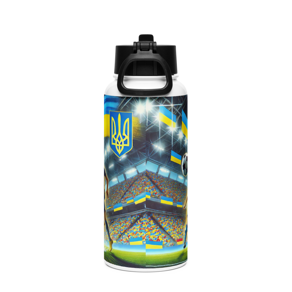 Steel water bottle with Ukrainian soccer emblem, featuring stadium design and flags, 32 oz, vacuum insulated with wide-mouth straw.