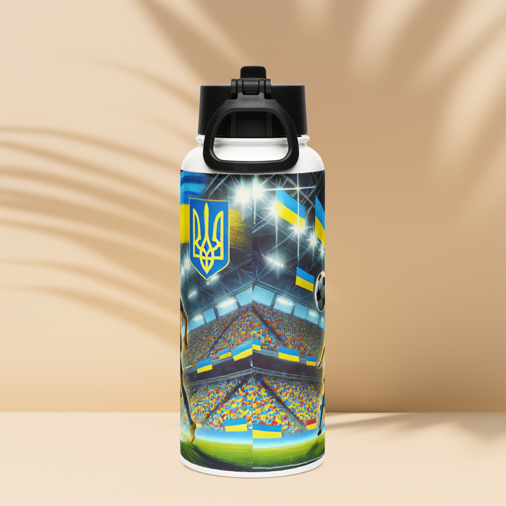 Steel water bottle with Ukrainian soccer emblem and stadium design, featuring a wide-mouth foldable straw.