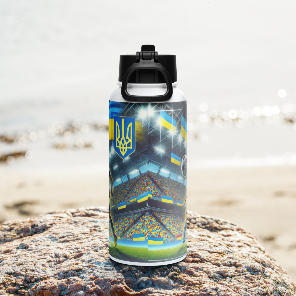 Steel water bottle with Ukrainian soccer emblem on rocky beach background, featuring vacuum insulation and wide-mouth straw.