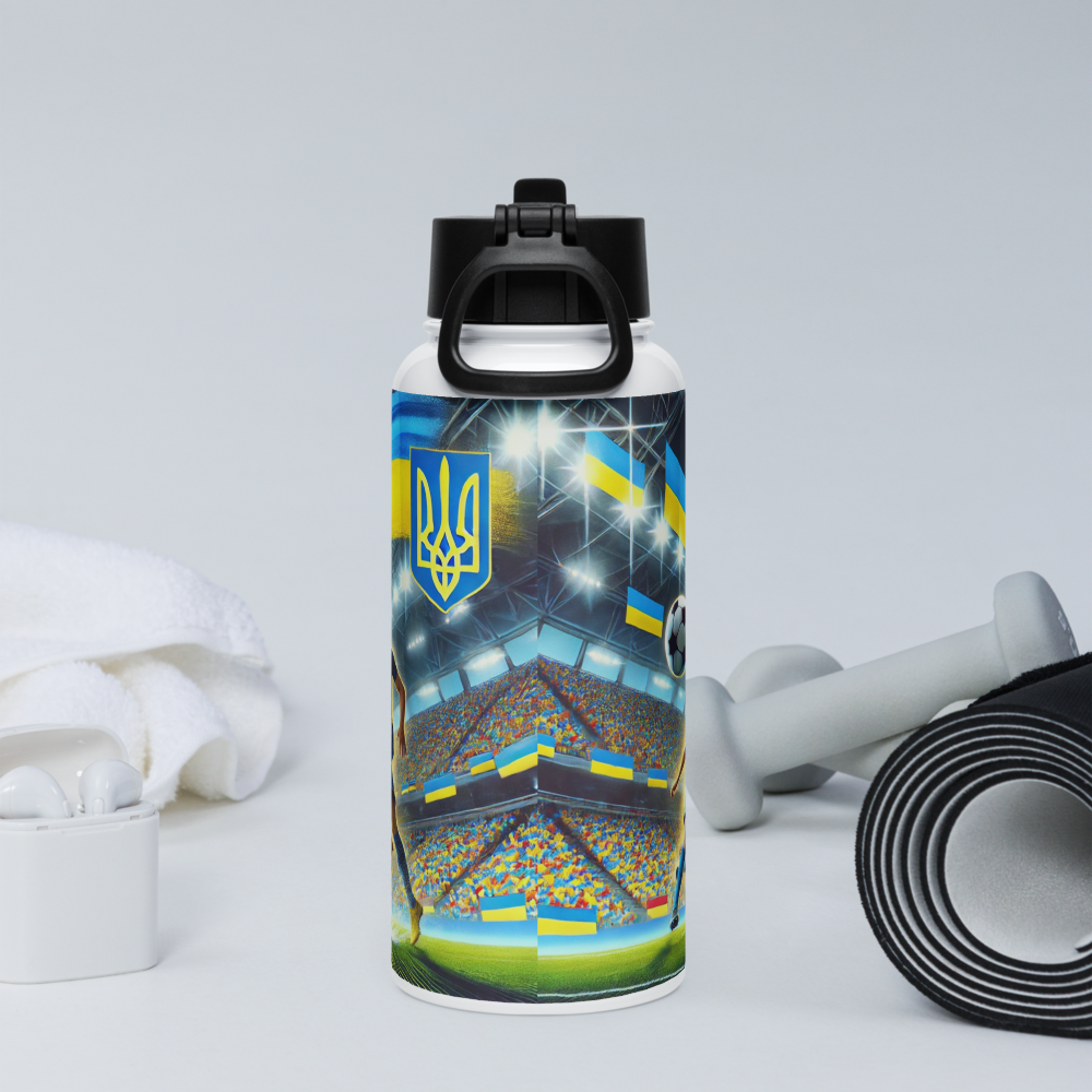 Steel water bottle with Ukrainian soccer emblem and lid, surrounded by gym essentials like towel, earphones, weights, and yoga mat.