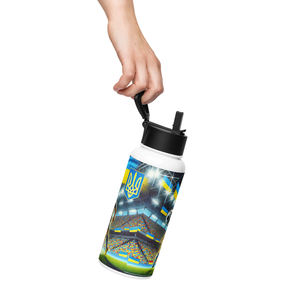 Person holding 32 oz steel water bottle with Ukrainian soccer emblem and stadium design, featuring a foldable straw and vacuum insulation.