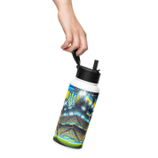 Person holding 32 oz steel water bottle with Ukrainian soccer emblem and stadium design, featuring a foldable straw and vacuum insulation.
