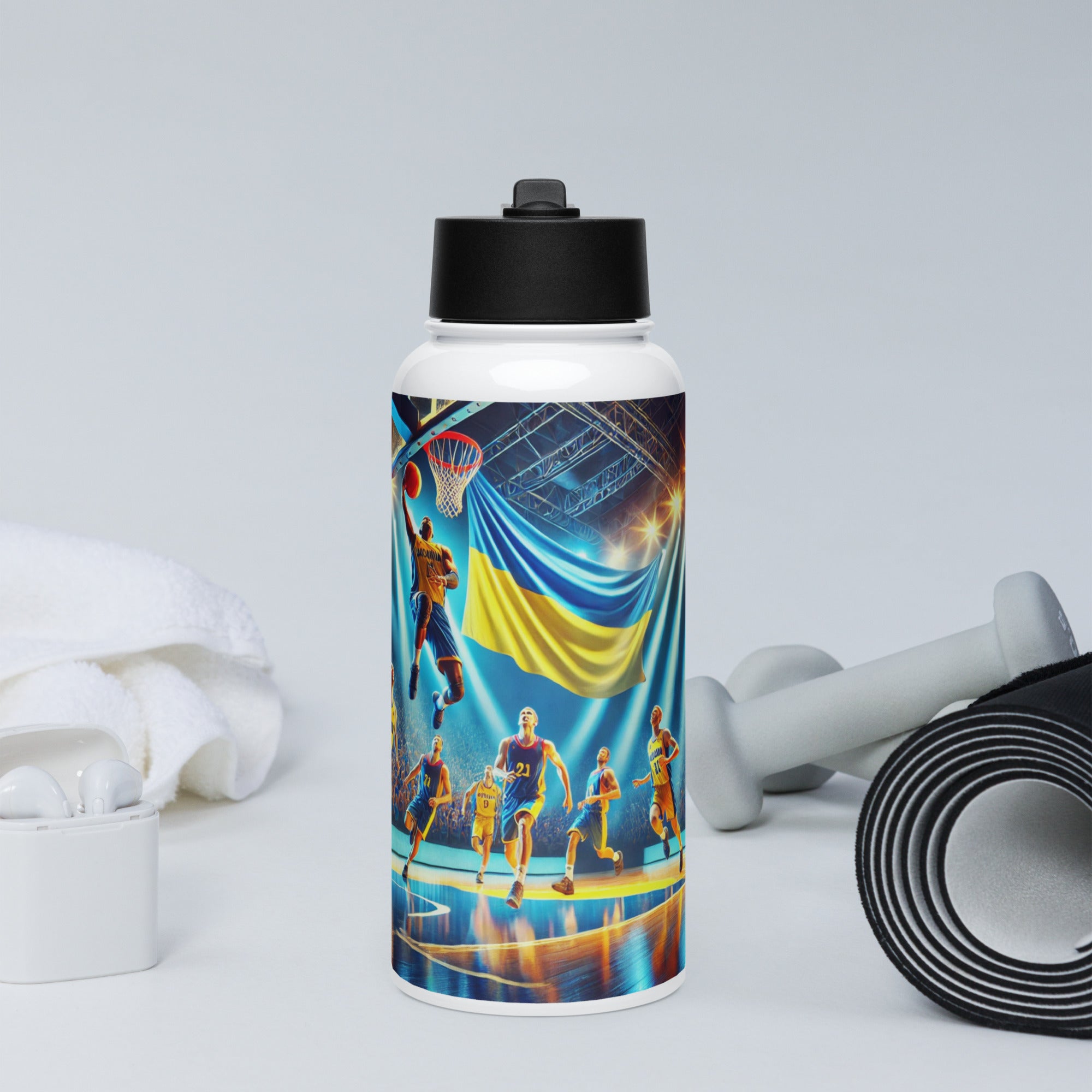 Steel water bottle featuring Ukrainian basketball emblem, with gym equipment in the background.