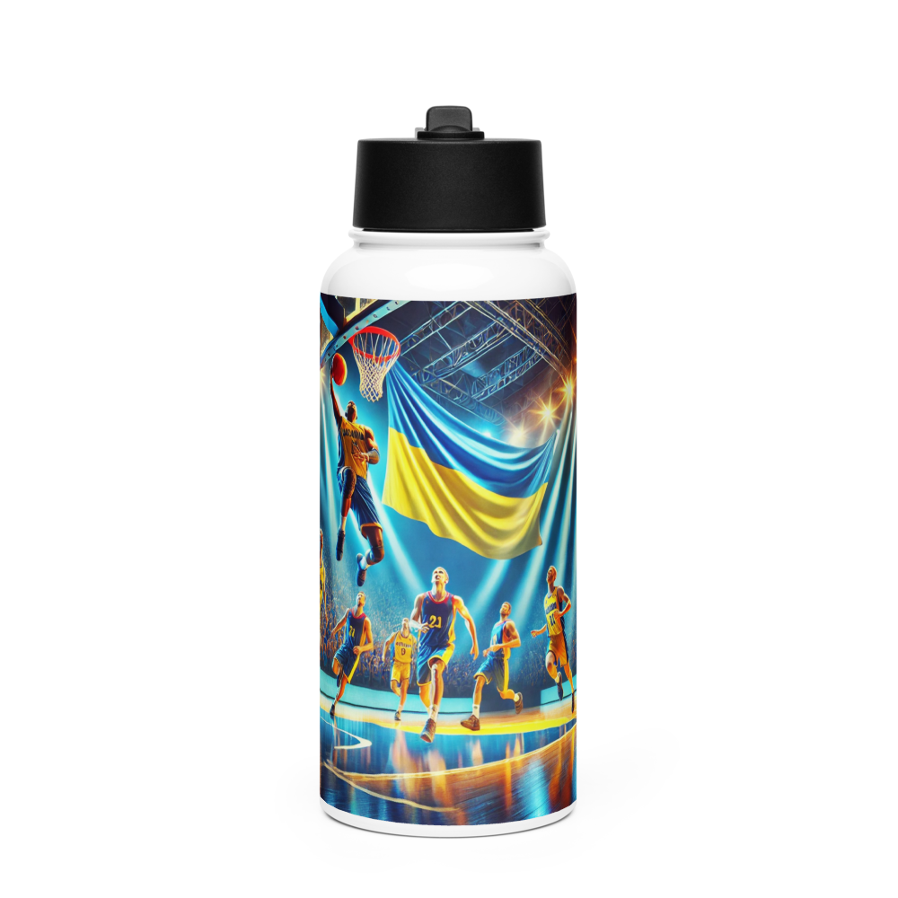 Steel water bottle with Ukrainian basketball emblem, featuring players on a court with Ukrainian flag background.