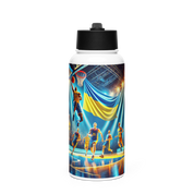 Steel water bottle with Ukrainian basketball emblem, featuring players on a court with Ukrainian flag background.