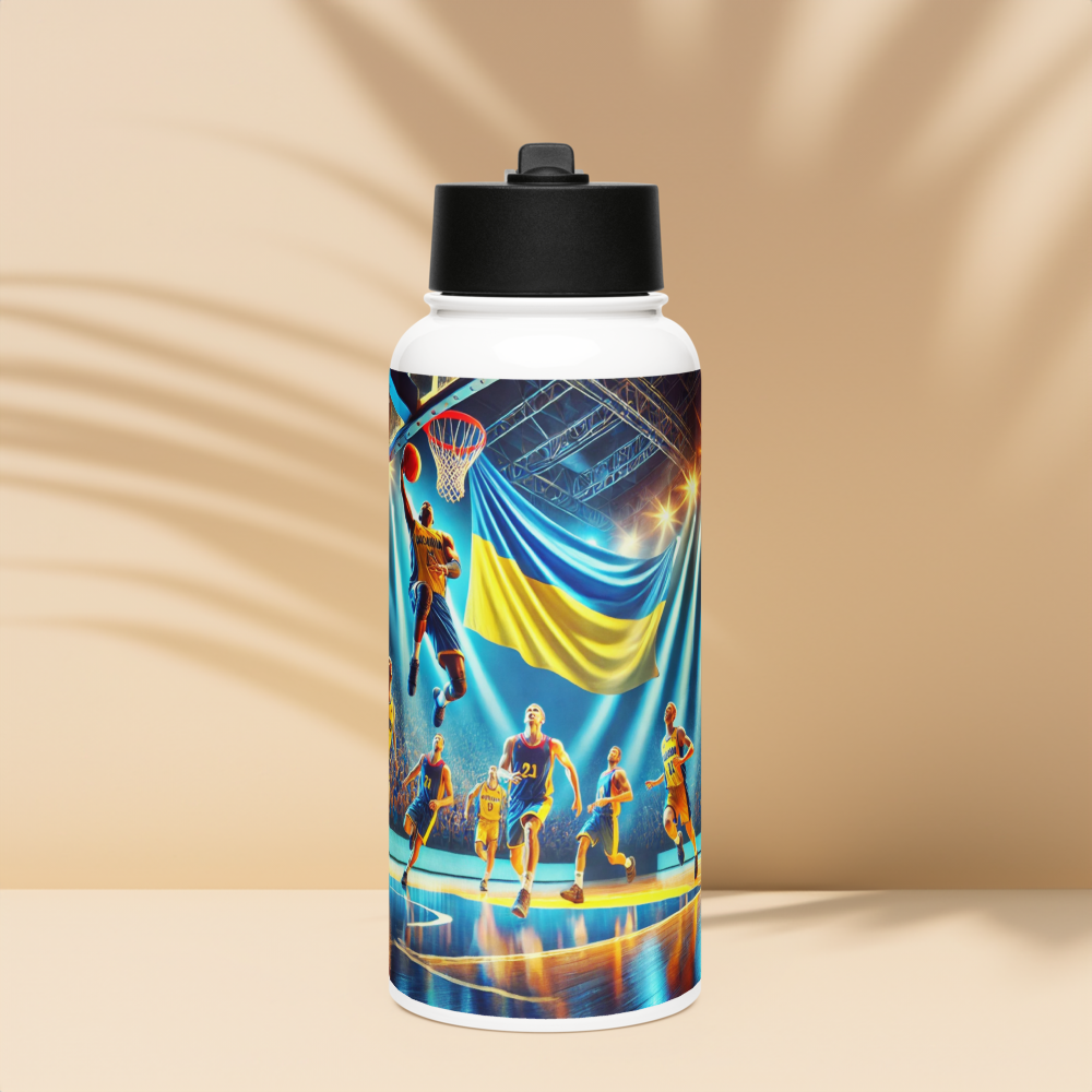 Steel water bottle with Ukrainian basketball emblem, featuring players and flag design. Perfect for basketball fans, 32 oz capacity.