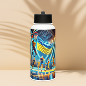 Steel water bottle with Ukrainian basketball emblem, featuring players and flag design. Perfect for basketball fans, 32 oz capacity.