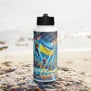 Steel water bottle with Ukrainian basketball emblem on beach rock, featuring players and flag design, 32 oz capacity.