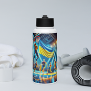 Steel water bottle with Ukrainian basketball emblem, featuring players and flag, alongside workout gear.