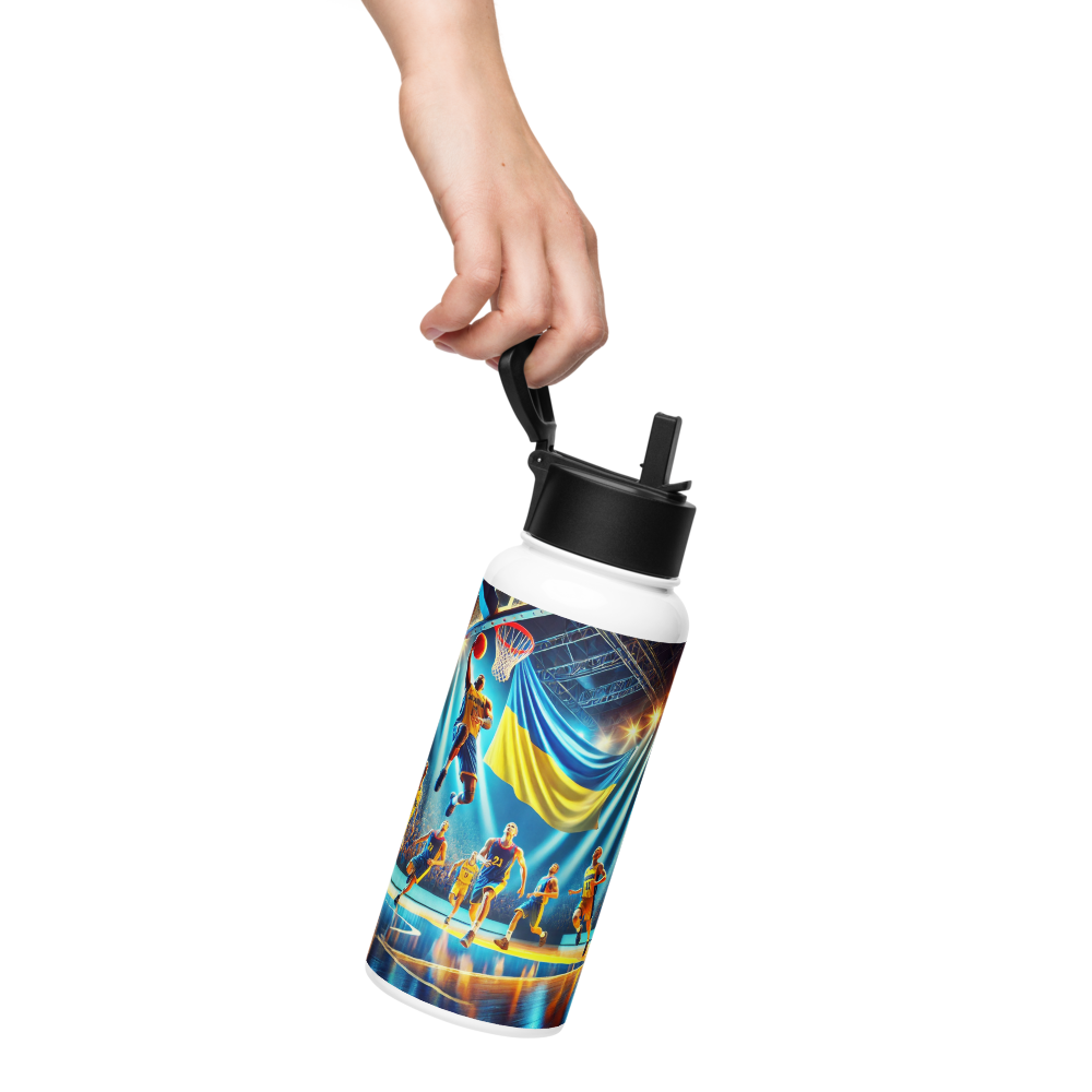 Person holding a steel water bottle with Ukrainian basketball emblem, featuring a foldable straw and vibrant basketball scene design.