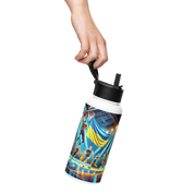 Person holding a steel water bottle with Ukrainian basketball emblem, featuring a foldable straw and vibrant basketball scene design.