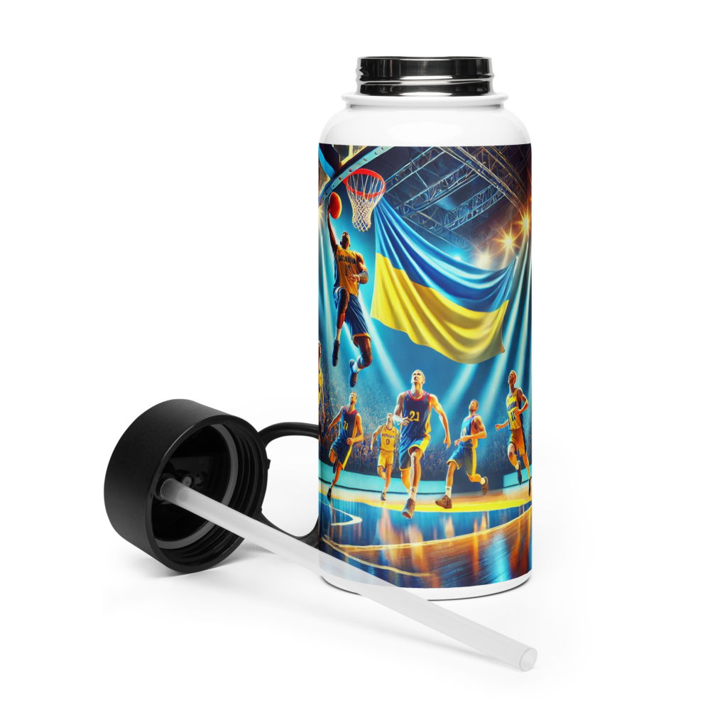 Steel water bottle with Ukrainian basketball emblem, featuring players and flag design, 32 oz, double-walled stainless steel.