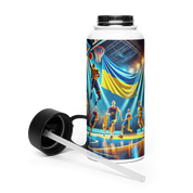 Steel water bottle with Ukrainian basketball emblem, featuring players and flag design, 32 oz, double-walled stainless steel.