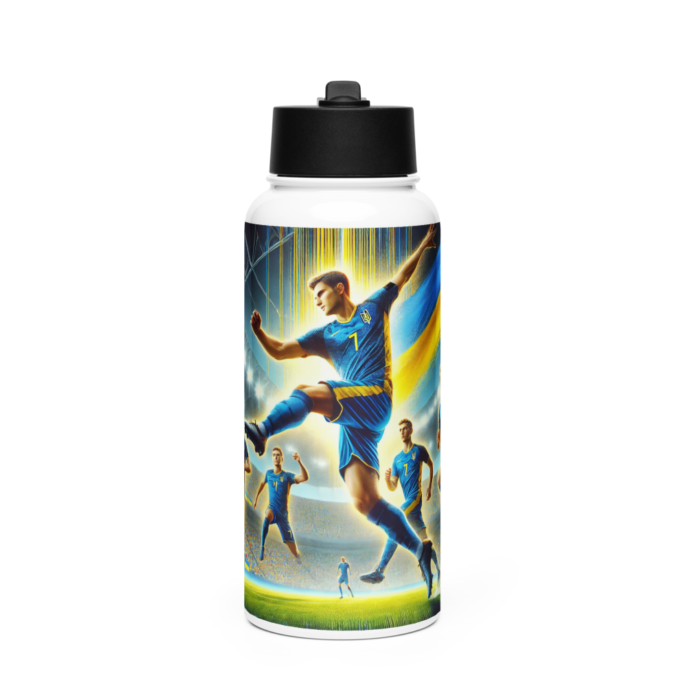 Steel water bottle with Ukrainian soccer emblem and players, 32 oz, stainless steel, vacuum insulated, with wide-mouth straw.