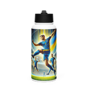Steel water bottle with Ukrainian soccer emblem and players, 32 oz, stainless steel, vacuum insulated, with wide-mouth straw.
