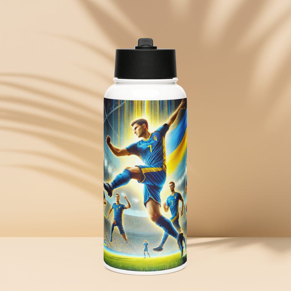 Steel water bottle with Ukrainian soccer emblem, featuring a vivid image of players in action, perfect for sports enthusiasts.